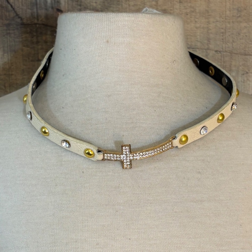 Cream Leather Cross Choker Necklace Rhinestone Studded Gold Tone Adjustable